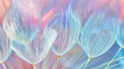 Fototapeta premium Abstract macro of fluffy dandelion seeds in soft pastel colors, ethereal blue and pink nature background for dreamlike concept