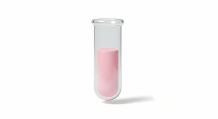 Test tube containing pink liquid stands alone on white surface viewed from the front