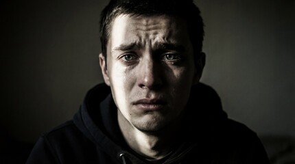 Obraz premium A close-up of a young man with a distressed expression, tears streaming down his face, reflecting deep emotion and vulnerability.