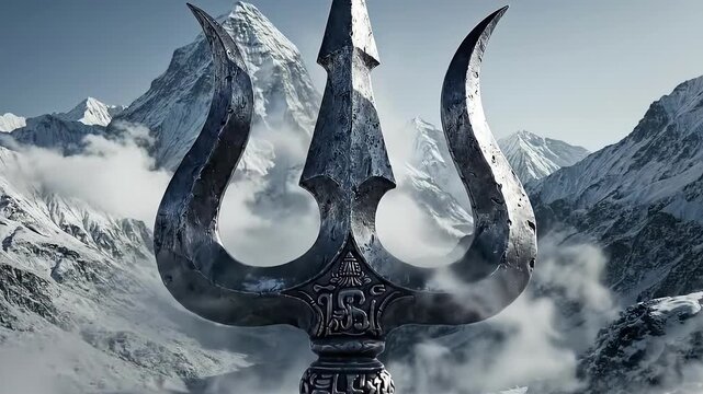 Trishula in snowy mountain range with clouds. Ancient weapon or religious symbol in a majestic winter landscape. Indian Mythology, maha shivaratri