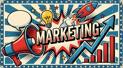 Retro Marketing Pop Art Poster with Megaphone and Rocket