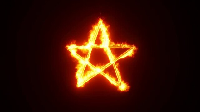 Fiery glowing pentagram transforming against a dark background in seamless loop
