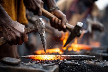 A dynamic shot of Guinean blacksmiths forging tools by hand, emphasizing ancient craftsmanship and the heat of their workshop.