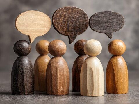 various wooden figures engaged in lively conversations with speech bubbles showcasing teamwork collaboration and brainstorming - Powered by Adobe