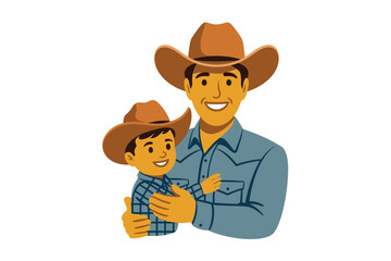 A cartoon illustration of a cowboy and a young boy wearing matching hats