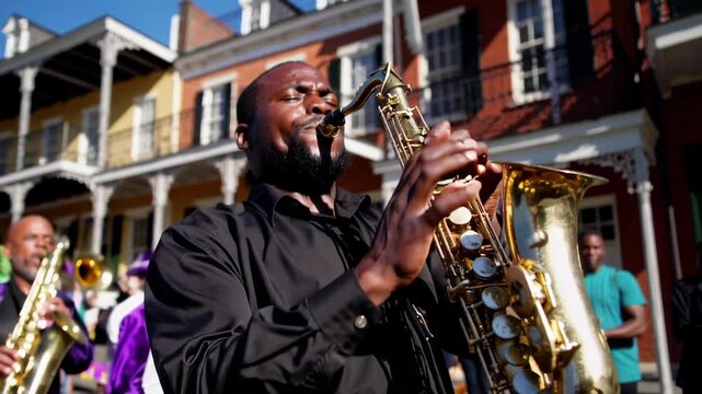 African american saxophonist leading festive jazz parade during mardi gras celebration with musicians in vibrant costumes. concept of cultural music festival, street performance, joyful tradition