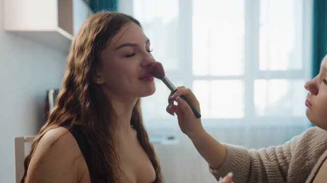 Casual Scene With Cheerful Friend Preparing Makeup, Luminous Skin And Friendly Mood In Cozy Living Space, Woman With Glowing Complexion And Joyful Atmosphere In Comfortable Home Setting