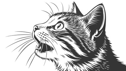 A detailed black and white illustration depicts a feline head in profile exhibiting a striking silhouette