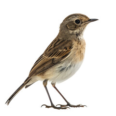 Fototapeta premium Small brown bird standing against a black background in profile.