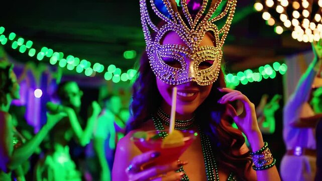 Festive mardi gras celebration with woman in vibrant mask holding a cocktail at a colorful party. concept of carnival, joyful celebration, festive masks