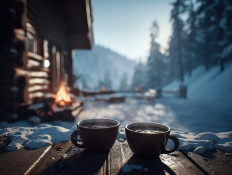 winter retreat with warm beverages and bonfire outside a wooden cabin