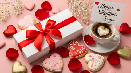 Naklejka premium Valentine's day celebration with gift, coffee, and heart shaped cookies