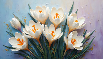 Floral painting presents white crocus flowers against a blue purple backdrop. Blossoms show impasto style with textured brush strokes. Ideal art for spring decor. Artistic botanical illustration.