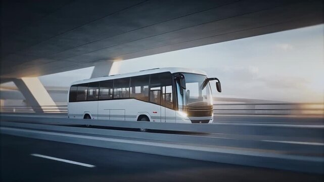 A white bus is driving on a highway under a bridge during the daytime, with motion blur.