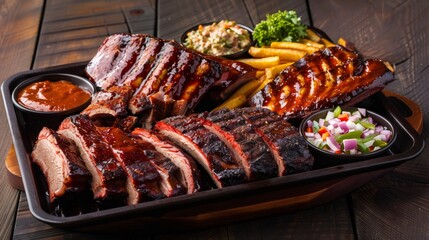 Platter of delicious barbecue ribs, brisket, and fries