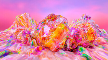 Landscape of crystal formations on colorful hills with a pink sky. Perfect for mystical, fantasy, or nature themed designs.