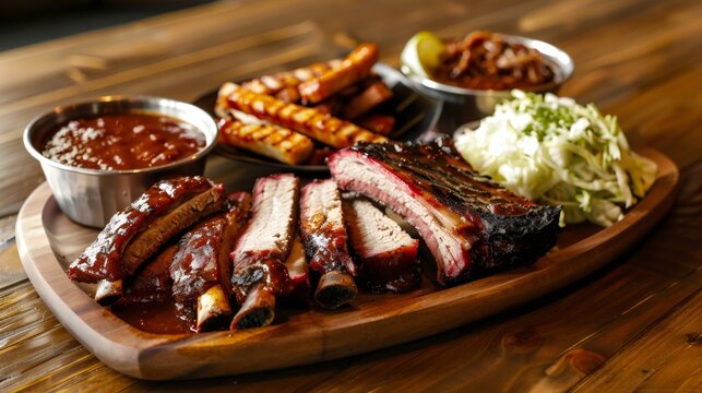 Smoked pork ribs platter with barbecue sauce and coleslaw