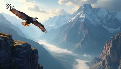 Eagle with spread wings flies above misty mountain valley. Snow capped peaks rise in background under blue sky with clouds. Bird of prey soars over rocky cliffs during daytime.