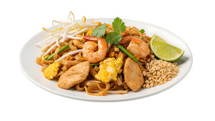 Illustration of pad thai noodles with classic ingredients, isolated on white or transparent background, perfect for Thai cuisine concepts, food menus, and restaurant visuals. PNG format.