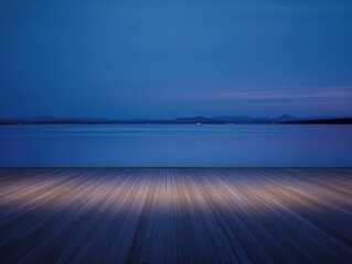Fototapeta premium scenic lakefront view from stylish wooden deck at dusk peaceful outdoor setting with a calming atmosphere ideal for background print and card designs