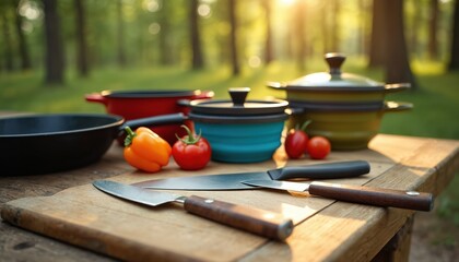 Camping kitchen setup outdoors. Knives cutting board pots and fresh vegetables arranged on wood table. Food preparation for picnic at nature. Cooking tools outdoor lunch dinner.