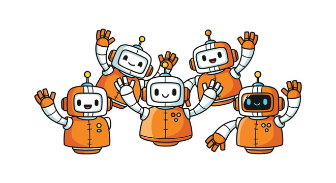 Group of five happy orange and white cartoon robots waving their hands energetically.