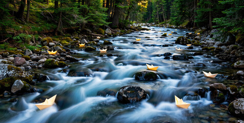 Serene forest river with paper boats floating on gentle stream surrounded by rocks and trees