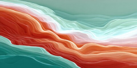 Abstract waves of colorful layers in motion with red and teal hues