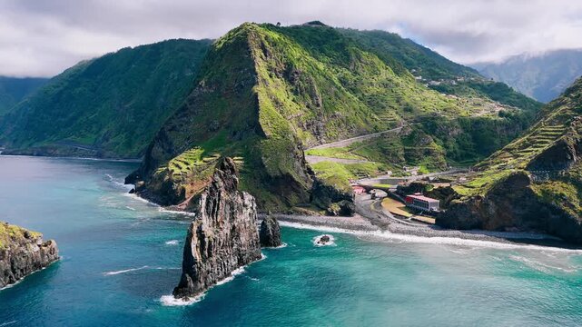 Ilheus da Ribeira da Janela coastal rock formations set in the Atlantic Ocean off the coast of Madeira Island