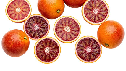 Fresh blood oranges sliced and whole on transparent background transparent background