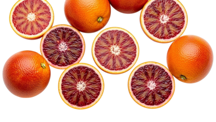 Fresh blood oranges sliced and whole on transparent background transparent background