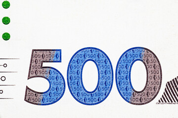 Fragment of Ukrainian banknote 500 hryvnia. Paper money of Ukraine.
