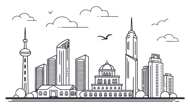 A minimalist cityscape drawing showcases iconic skyline structures with delicate line work and a prominent silhouette