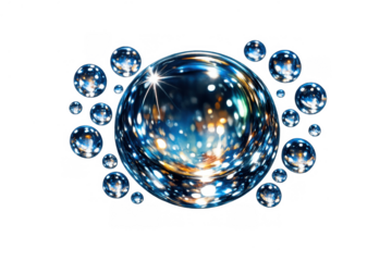 Blue shiny water bubble reflecting bokeh lights, surrounded by smaller droplets, creating an abstract liquid glow effect