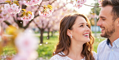 Happy couple smiling at each other under blooming cherry blossom trees in spring