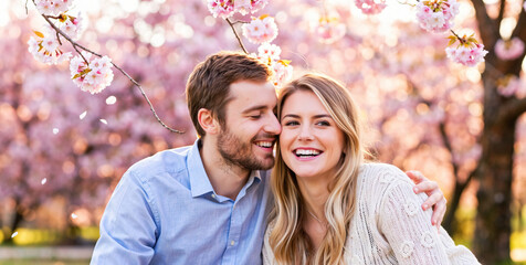 Happy couple embracing under blooming cherry blossoms in spring