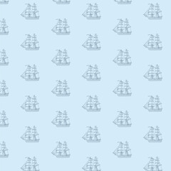 Vintage sailing ship seamless pattern, swatch available in swatches panel, nautical line art boats on light blue background