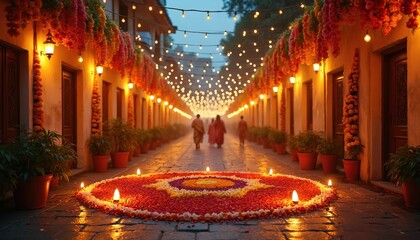 Street is decorated for Diwali festival with lights. People walk on the road with flower garlands, candles at night. Festive vibe in the illuminated dark alleyway. Cultural heritage and tradition.