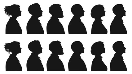 a collection of diverse head and shoulder profiles presented in a striking black and white silhouette