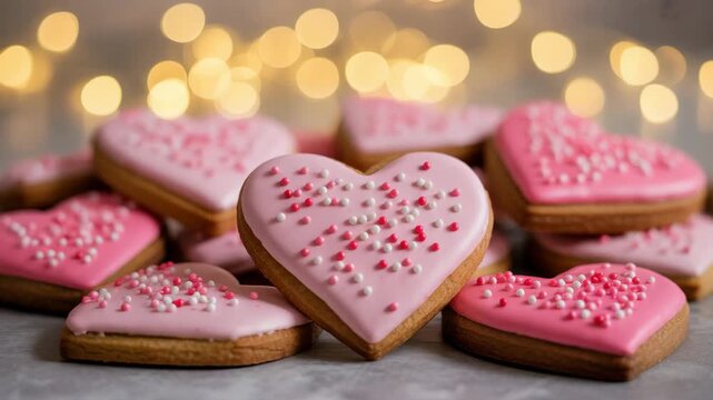 Heart shaped cookies with pink icing and colorful sprinkles close up festive holiday baking