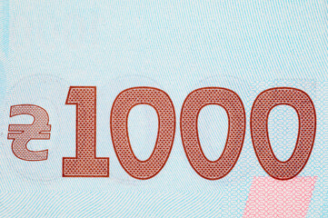 Fragment of Banknote of 1000 hryvnias of Ukraine. Money of Europe and Ukraine.