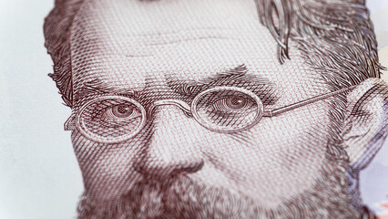 Fragment of Banknote of 1000 hryvnias of Ukraine. Money of Europe and Ukraine.