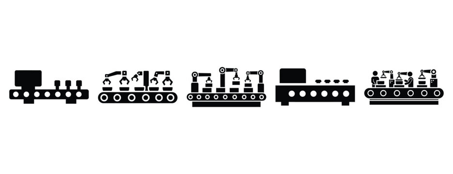 assembly line silhouette icon set, solid style, vector illustration