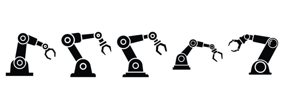 automated robot arm silhouette icon set, solid style, vector illustration
