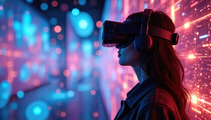 Woman wears VR headset immersed in digital environment at tech conference. User explores virtual reality experience. Futuristic tech event involves innovation and immersive digital interaction