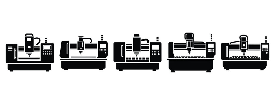 cnc machine silhouette icon set, solid style, vector illustration