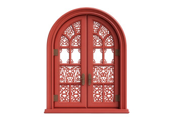 Red arched door with intricate design isolated on transparent background