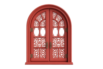 Red arched door with intricate design isolated on transparent background