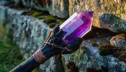 Illustration of amethyst crystal wand with black wooden handle wrapped in copper wire on stone background