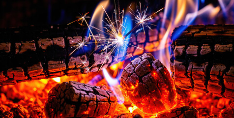Naklejka premium Vibrant Flames Engulfing Logs in a Fireplace, Sparks Flying Amidst Orange and Blue Blaze